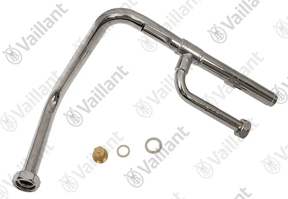 Vaillant Rohr mit mehreren Bögen und Anschlussstücken, geeignet für Heizungs- oder Wasserleitungssysteme. Enthält zusätzlich eine Unterlegscheibe und ein Verbindungselement.